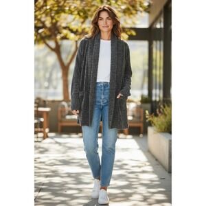 New Orvis Chenille Feel Cardigan Sweater Womens M Black Knit Shawl Collar